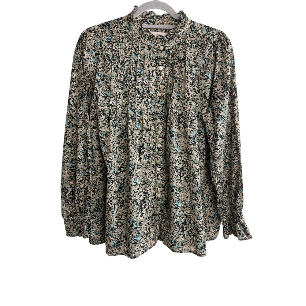 LOFT Abstract Print Pintuck Ruffle Neck Long Sleeve Blouse Womens L 100% Cotton